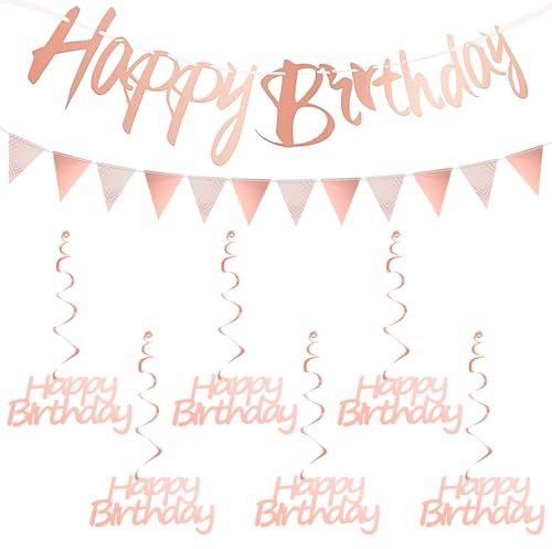 Happy Birthday Decorations Kit with Rose Gold Happy Birthday Banner and Triangle Flag Bunting Hanging Swirls Streamers for Men Women Girls Boys Birthday Decoration Party Supplies