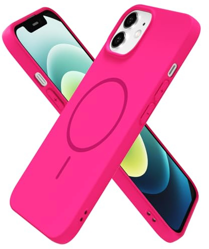 oakxco for iPhone 12/12 Pro Case Silicone Mag Safe, Magnetic Slim Thin Phone Case Compatible with Magsafe Wireless Charging, Cute Girly Bright Fluorescent Rubber Gel for Women Girls, Neon Hot Pink