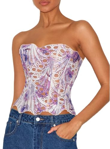 Acrawnni Women Floral Hollowed Strapless Corset Sheer Backless Lace-up Bustier Vest Vintage Lace Trim Textured Crop Tube Top Halloween Overbust Top