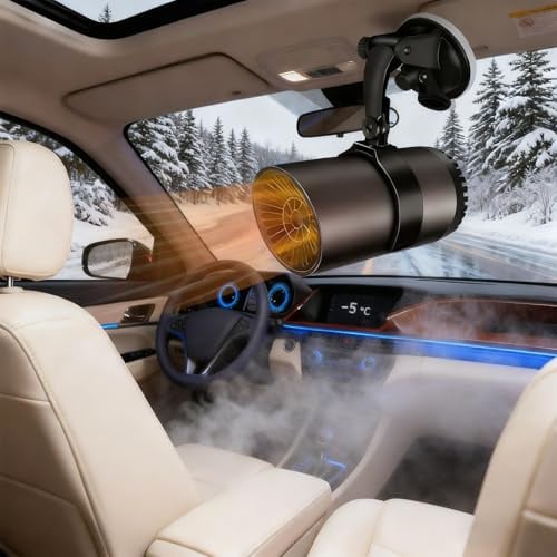 12V 150W Auto Heizlüfter – Bordscheinwerfer Entfroster & Enteiser 2-in-1 – Tragbarer Heizlüfter mit Saugnapf Halterung – Schnelle Scheibenenteisung für Alle Autos