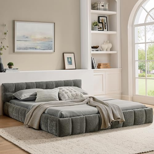Yihomfy Doppelbett 140x200 cm, Bett mit seidig weichem Chenille - Bezug, quadratischem Steppdesign, aus ökologischem Eukalyptusholz und stabilem Eisenrahmen