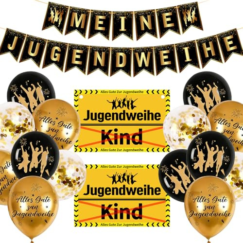 Jugendweihe Deko Set Schwarz Gold, Meine Jugendweihe Banner, Schild zur Jugendliche, Luftballons, Jugendweihe Party Deko für Junge und Mädchen, Wanddekoration Geschenkidee