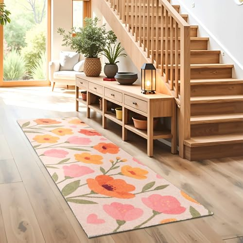 Rutschfeste Sauberlaufmatte innen - Blumen Home 50 x 150 cm (Rechteckig) | Miabella Türmatte rutschfester Läufer Wohnraum Fußmatte extrem saugfähiger Küchenläufer waschbar bei 30°C Schmutzfangmatte