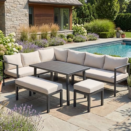 Mrwoo Gartenmöbel Set L-förmiges Sofa, Lounge Möbel Outdoor 6-Teiliges, 3 Doppelsofa, 1 Tische, 2 Hocker, Verzinktem Eisen, mit Sitzkissen und Kissen, Beige