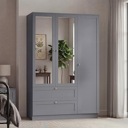 Vida Designs Altino 3 Door 2 Drawer Mirrored Wardrobe | Grey | Bedroom Furniture | 170H x 116W x 53D cm | With Storage Shelf & Hanging Rail | Large Capacity Storage