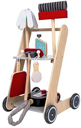 Bayer Chic 2000 Carrello di pulizia per bambini, carrello per la pulizia in legno, carrello scopa con aspirapolvere e accessori