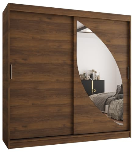 Kryspol - Kleiderschrank mit Spiegel - Schwebetürenschrank - Kleiderschrank 200 cm Breit x 200cm(H) x 62cm(T), 2 Türen, Laminierte Möbelplatte, Milo 200, Nussbaum Warmia, Griff: Silber