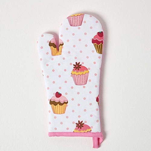 Homescapes Ofenhandschuh Cup Cakes, rosa weiß ca. 18 x 32 cm, Topfhandschuh aus 100% reiner Baumwolle mit Polyesterfüllung, waschbarer Kochhandschuh
