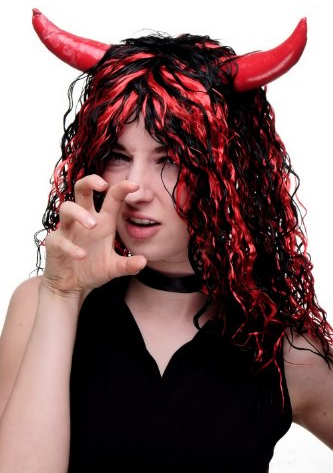WIG ME UP - 4044-P103-13 Karneval Fasching Halloween Perücke lang lockig Teufel Teufelin She-Devil Dämonin Hörner Rot/Schwarz