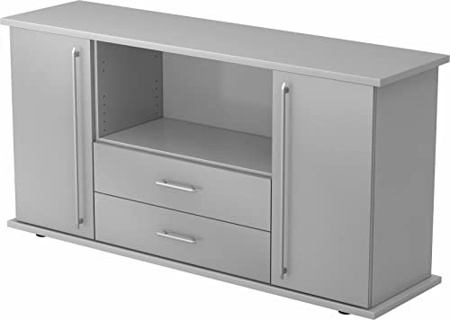 bümö Sideboard Grau/Silber mit Flügeltüren & Regal - Büromöbel Sideboard mit Schubladen Holz 166cm breit, 45cm schmal, Büro Schrank für Flur oder als Wohnzimmer-Kommode mit Relinggriff