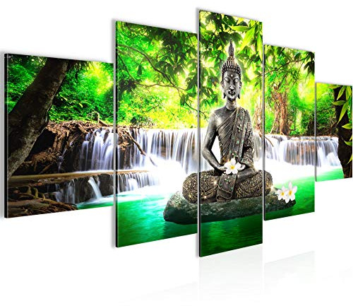 Runa Art Bild Wohnzimmer Schlafzimmer Buddha Wasserfall 5 Teilig Feng Shui Grün Wandbilder auf Vlies Leinwand 503553a