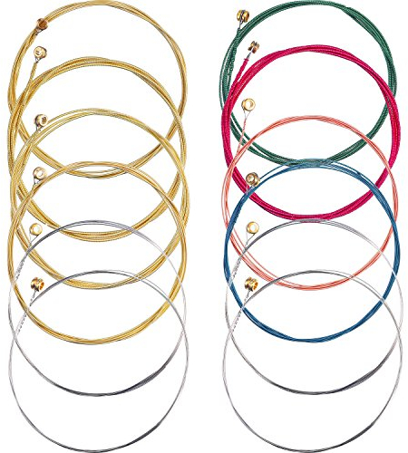 Bememo 2 Sets von 6 Gitarrensaiten Ersatz-Stahlsaiten für Akustikgitarre (1 gelbes Set und 1 mehrfarbiges Set)