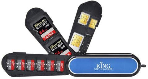 Memory Card Holder - Fits 2 x SD/SDHC/SDXC, 6 x Micro SD, 1 x Mini SIM, 1 x Micro SIM, 1 x Nano SIM - Army Knife-Type Keychain Case for Flash Memory Storage Cards - King of Flash