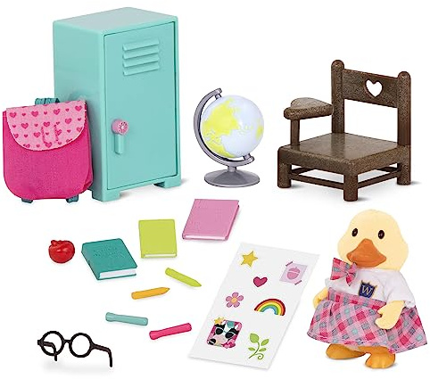 Li’l Woodzeez – Ensemble Scolaire – Canard avec casier et Globe | Comprend 16 pièces au total : canard, tenue, lunettes, sac à dos, casier, chaise, globe, livres et accessoires, 3 ans et +
