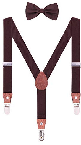 WANYING Hosenträger Fliege Set für Kleinkind Kinder Jungen Mädchen 3-8 Jahre alt Y Form 3 Clips Breite 2,5cm Elastische Hosenträger - Einfarbig Dunkelbraun