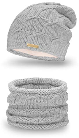 Mikos Wurm Winter Kombi Set aus Winter Schal und passender Strickmütze/Beanie (686) (Grau)