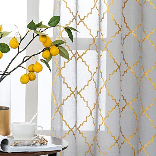 Kotile Grey Voile Curtains 2 Panels - Metallic Gold Foil Geometric Moroccan Tile Gray Eyelet Net Curtains for Bedroom, 66 x 90 Inch, Grey Gold