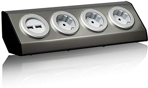 Edelstahl Eck-Steckdose, Silber, Schuko, USB, für Küche, Büro. Steckdosenleiste 45° Aufbau-Montage ideal für Arbeitsplatte, selbstklebend, Edelstahl:3X. 2 USB + Anschluss Lüsterklemme
