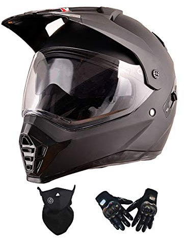 Casque Motocross Homme, Noir/ Double Visière, Casque Cross avec Gants Masque, Casque Moto Enduro Casque intégral Polyvalent BMX VTT Quad ATV Scooter - Pare-Soleil et visière intégrés,Matt Black,XL