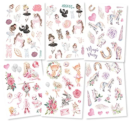 Pandawal® Tattoo für Kinder Einhorn Ballerina Tattoos 6er Set Mädchen perfekt für Kindergeburtstag Party Mitgebsel Hautfreundliche Temporäre Kindertattoos