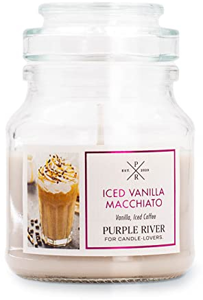 Purple River kleine Duftkerze im Glas mit Deckel | Iced Vanilla Macchiato | Duftkerze Vanille | Sojawachskerze | Raumduft für Zuhause | Geschenke für Frauen
