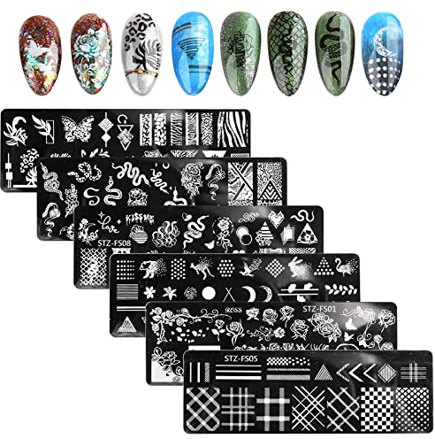 MWOOT 6 Stücke Nagel Kunst Stempelplatte Maniküre Tool, Nail Art Stamping Plates Set Blumen Schlange Wildtier Nageldesign, DIY Nagelschablonen Vorlagen für Salon Maniküre Nägel Dekoration