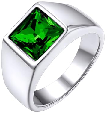 GoldChic Benutzerdefinierter Herren Zirkon Ring mit Name/Wunsch/Datum Gravur 316l Edelstahl Geburtsstein Fingerring Brillant Schliff Zirkonia Herren Siegelring in Silber Ringgröße 59.5(18.9)