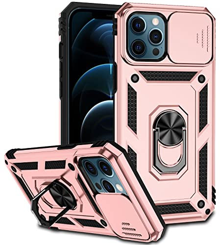 Hitaoyou iPhone 12 Pro Max Case with Camera Cover & Kickstand, Slide Lens Protection + 360° Rotate Ring Stand, Impact-Resistant, Shockproof, Protective Bumper,Covers for iPhone 12 pro max Rosegold