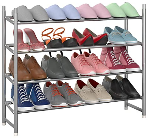 Vinsani 4 Tier Minimalist Shoe Rack Extendable Adjustable Metal Organiser Open Storage Stand Holds 16 Pairs of Shoes Heavy Duty Storage Unit Easy Assembly – Grey
