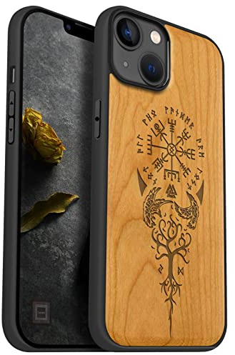 Carveit Holz Hülle für iPhone 14 Plus, Kirschholz-Wikingerkompass | Cover kompatibel MagSafe [Holz und TPU Silikon Hybrid Hull] Magnetisch Case für iPhone 14 Plus Handyhülle