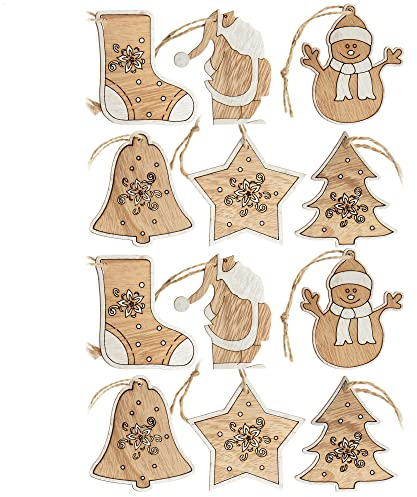 com-four® 12x Tannenbaumschmuck Holz-Anhänger Set - Weihnachtsbaumschmuck zum Dekorieren - Christbaumschmuck in 6 weihnachtlichen Designs