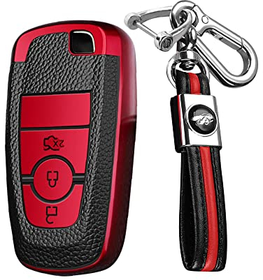 KUNIO Coque de clé de Voiture Compatible avec Ford Mondeo Mustang Explorer EcoSport S-Max Ranger Fiesta F150 F250 TPU Cuir Texture Porte-clés Protection clé 3 Boutons Rouge