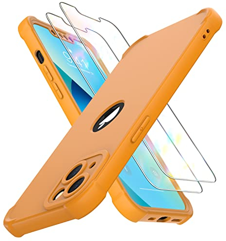 ORETECH Coque pour iPhone 13 Mini + 2 Pièces Verre Trempé Protection écran, 2 en 1 Antichoc Souple Silicone TPU Arrière Rigide PC Avant Housse de Protection pour iPhone 13 Mini 5,4 Jaune