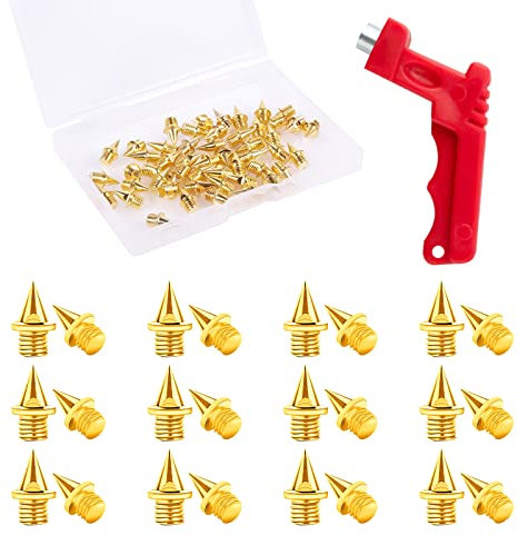 50 Stück Spike Nägel 6mm mit Spikeschlüssel, Robuster Stahl Pyramid Ersatz Spikes Leichtathletik Ersatzdornen für Track Schuhe Weitspringen Laufen Wandern (Goldene)