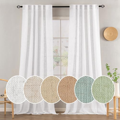MIULEE Gardinen Vorhänge schlaufenschal Voile Vorhang Modern Leinenoptik Halbtransparent für Wohnzimmer Schlafzimmer Schiebevorhang 2er Set Stores Linen Weiß 260x140 cm