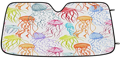 Bunte Quallen-Auto-Windschutzscheibe, Sonnenschutz, faltbar, blockiert UV-Strahlen, hält Ihr Fahrzeug kühl, Ozean, Qualle, Frontfenster, Sonnenschutz, Schattenspender für Auto, SUV, LKW, 130 x 70 cm