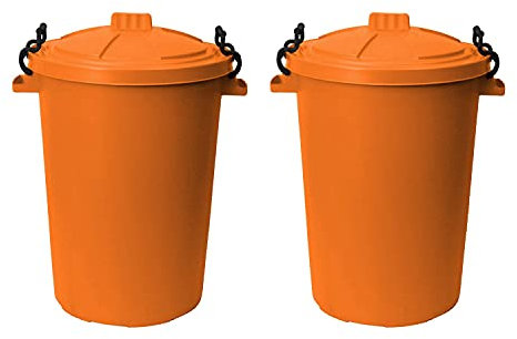 (Set of 2) 50L Litre Orange, Heavy Duty Plastic Clip Lock Lid Bin Waterproof Indoor or Outdoor Rubbish Trash Can Dustbin Waste Bins or Storage of Animal Feed For Home & Kitchen Garden