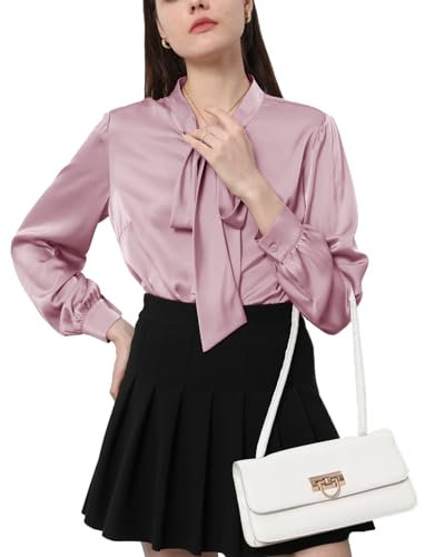 Tapata Femmes Chemise Satin Chemise en Soie Bow Neck Bouton Down Jacket Robe à Manches Longues Business Top Elegant,Rose,X-Large