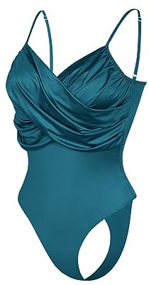 RoomTour Body da donna in raso Bodysuits senza maniche profondo scollo a V Shapewear donna Jumpsuit con spalline sottili 1-Blu M