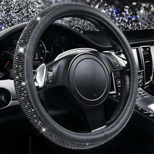CAR PASS Bling Diamond Leather Steering Wheel Cover, With Sparkly Crystal Glitter Rhinestones Universal Fit 141/2-15 Car Wheel Protector for Women Girl Fit Suvs,Vans,Sedans,Car,Trucks, Black Diamond