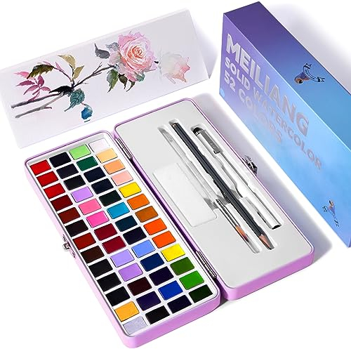MeiLiang Lot de 52 demi-pots de peinture aquarelle avec crayon à dessin, pinceaux, 5 feuilles de papier aquarelle, éponge, stylos à dessin noirs, fournitures artistiques pour adultes, aquarelle de