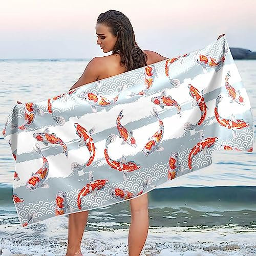 Aozhiswe Mikrofaser Strandtuch Japanischer Stil Handtuch Groß 100x200 Strandhandtuch Koi Karpfen Badetuch Schnell Trocknendes Sandfreies Weiches Strandlaken, Strandtücher, Badehandtuch