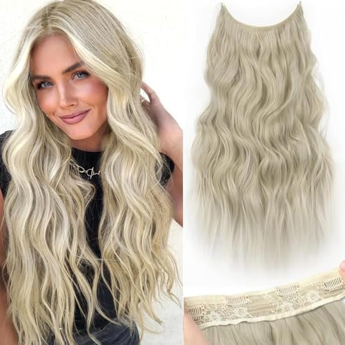 PORSMEER Lange Gewellt Haarverlängerung mit Gummiband Aschblond,Invisible Secret 4 Clips in Hair Extensions Synthetik Haare Unsichtbarem Haarteile für Frauen,50 cm(Dunkelgoldene Mix Beigeblond)