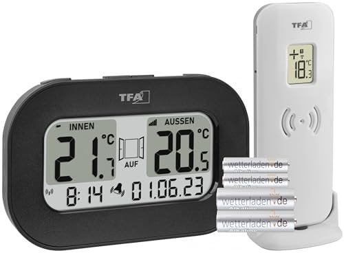 TFA Dostmann Digitales Funk Thermometer Cool@Home, 30.3046.01, gleichzeitige Temperaturkontrolle innen/außen, mit Lüftungsempfehlung und Alarm, mit Außensensor, inkl Funkuhr mit Datum, schwarz