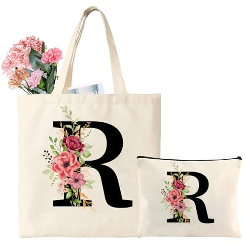 Personnalisé Alphabet Sac en Toile, Tote Bag Initiale, Fourre Tout Filles, Cadeau pour Femme, Amie, Demoiselle d'honneur, Anniversaire, Mariage (R)