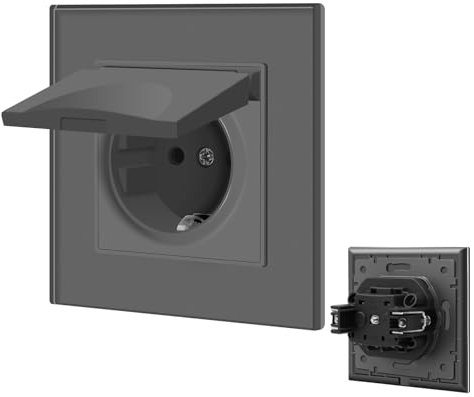 BSEED Prise Murale avec Couvercle Étanche,Prises electriques Standard avec borne enfichable,16A Prise de Courant Alternatif avec Panneau en Verre,Prise Encastrable pour Bureau à Domicile-1 Prise,Gris