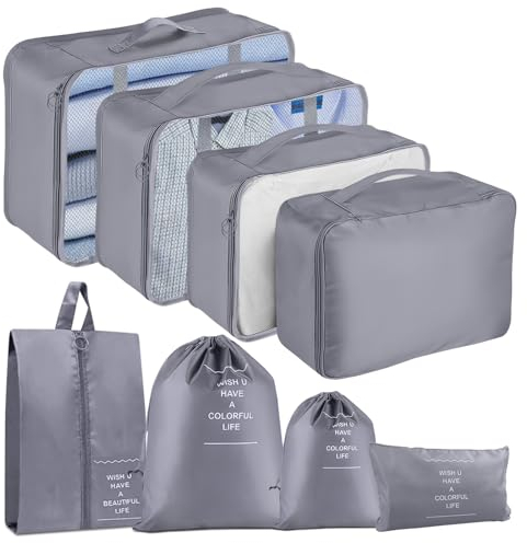 Koffer Organizer Set, 8 Teiliges Packing Cubes für Reise, Packwürfel für Koffer, Travel Organizer Suitcase Kleidertaschen Schuhbeutel Wäschebeute Kosmetiktasche, Travel Essentials-Grau