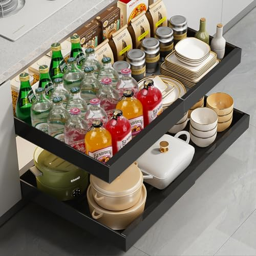 SOUTHGATE Erweiterbar Ausziehbare Schublade Küche, 32-52 cm B x 42 cm T x 7 cm H Teleskopschublade [Kein Bohren und Nageln Erforderlich], Ausziehbarer Schrank Organizer, Schubladen Schwarzgrau