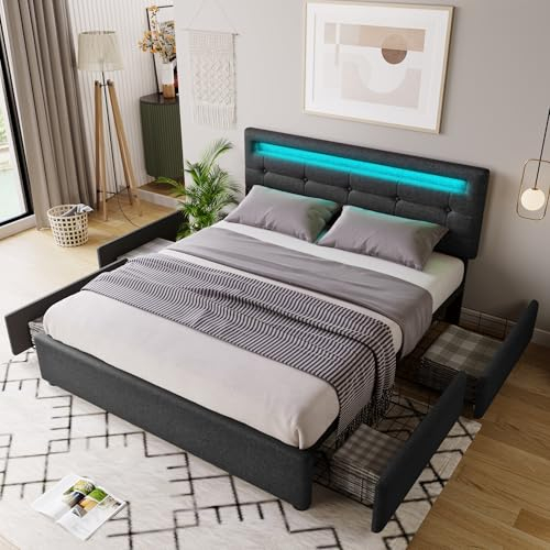 MQLAE Polsterbett LED Bett 140x200, Stauraumbett Doppelbett Bettgestell mit 2 Schubladen&verstellbares Kopfteil&Lattenrost, Jugendbett Funktionsbett Familienbett, Schwarz, Ohne Matratze