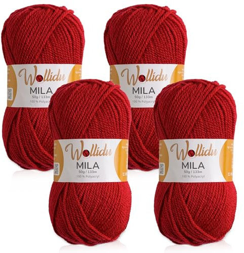 Wollidu Mila Garn zum Häkeln und Stricken 4 x 50g/133m Strickgarn 100% Polyacryl Häkelgarn Kirsche Rot